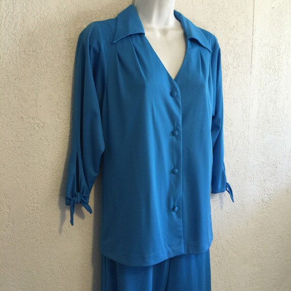 Vintage Miss Shaheen Bright Turquoise Tie Top & P… - image 2