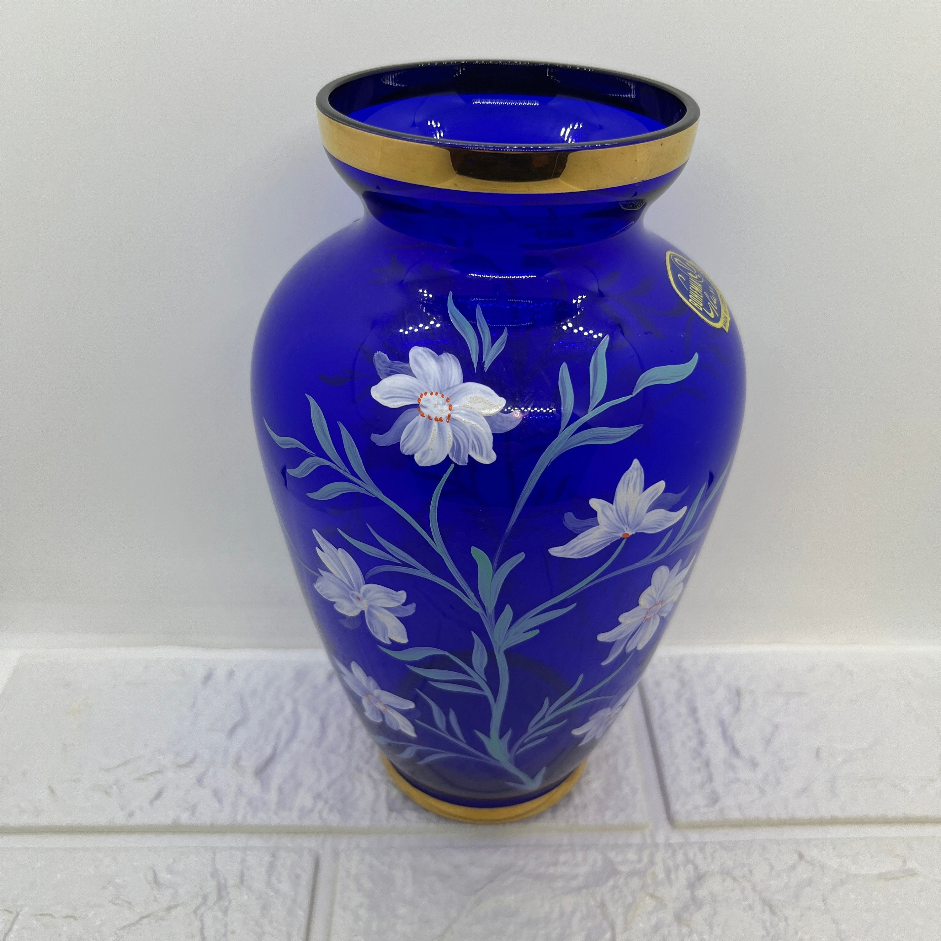 Vintage Bohemia Glass Cobalt Blue & Gold Painted Floral Vase Vintage Bohemia Glass Cobalt Blue & Gold Painted Floral Vase