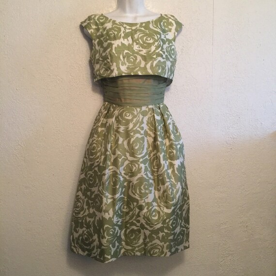 Unique 1950s Vintage Olive Green Floral Formal Dr… - image 3