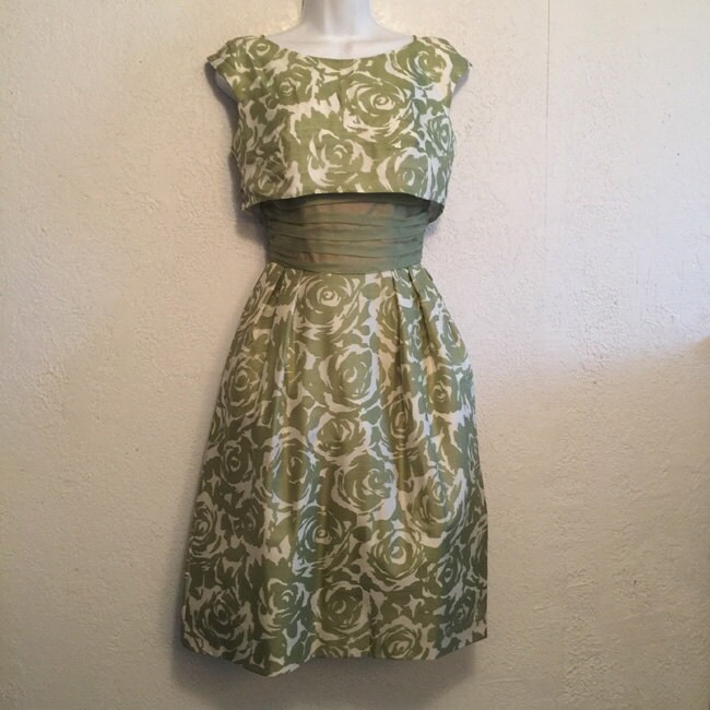 Unique 1950s Vintage Olive Green Floral Formal Dress with Bow | Etsy