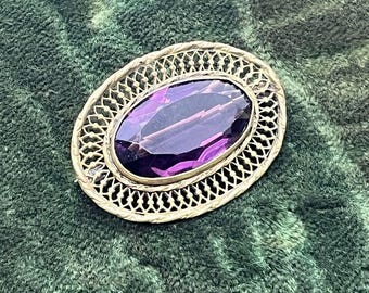 Antique Victorian Amethyst Glass & Filigree Brooch Vintage C Clasp Pin