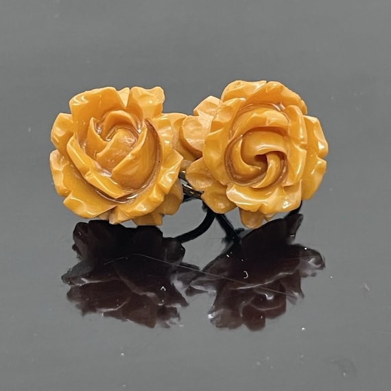 Antique Bakelite Deep Carved Rose Earrings, Peanut Butter/Butterscotch