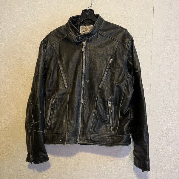 Vintage 1990s Worn Leather Motorcycle Jacket, Laced Sides, Racer Jacket by Wilsons Open Road, XL