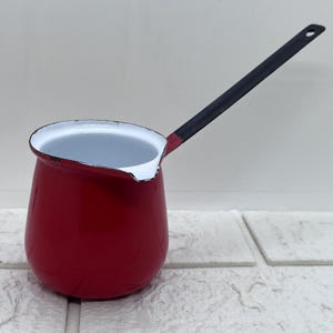 Vintage Red Enamelware Metal Turkish Coffee Pot Ladle Butter Warmer