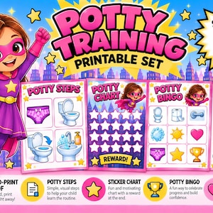 Puede incluir: Un set imprimible de entrenamiento para ir al baño con un personaje superhéroe y cuatro documentos: Potty Steps, Potty Chart, Potty Bingo y Parent Guide. El texto dice Potty Training Printable Set y Small Steps Big Things. Incluye iconos de impresora, PDF, estrella, trofeo y corazón.