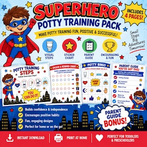 Op de afbeelding: Een superhelden zindelijkheidstraining pakket met vier pagina's, inclusief trainingsstappen, een sticker- en beloningskaart, een zindelijkheidsbingo en een oudergids. Het ontwerp bevat een superheld en diverse teksten.