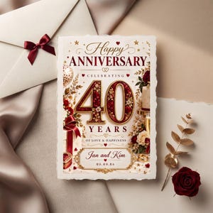 以下が含まれることがあります： Happy Anniversary Celebrating 40 Years Of Love & Happiness、Jan and Kim、05.08.86という文字が記された長方形の記念日カード。ゴールド、レッド、ホワイトのフローラルアクセント、ギフトボックス、リングがデザインされています。