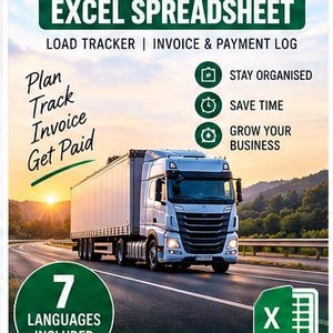 Può includere: Un modello di foglio di calcolo Excel per il trasporto e la spedizione con un autoarticolato bianco su un'autostrada. Il testo include: Transport & Dispatcher Excel Spreadsheet, Load Tracker, Invoice & Payment Log, Plan Track Invoice Get Paid, Stay Organised, Save Time, Grow Your Business, 7 Languages Included, A Smarter Way To Manage Your Transport Business.