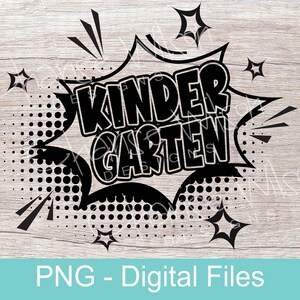 Puede incluir: Diseño gráfico en blanco y negro con un globo de diálogo de estilo cómic que dice "Kindergarten".