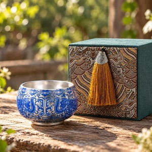 May include: A round metal bowl featuring a blue and silver intricate dragon pattern, paired with a square dark green fabric box. The box front displays a brown and gold wave-like pattern and is adorned with a long, hanging mustard yellow tassel.