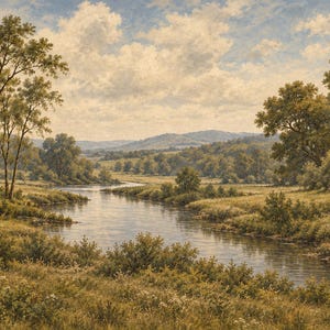 May include: A landscape painting depicting a winding river flowing through a grassy meadow. Tall green trees frame the scene on both sides, with rolling hills visible in the distance under a sky filled with soft, white, scattered clouds.