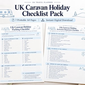 May include: A UK Caravan Holiday Checklist Pack featuring two printable A4 pages with blue text and line art icons. The documents include a packing checklist and an arrival and departure checklist for travel planning, organized into sections with checkboxes.