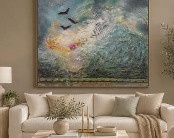 Arte de autoexpresión con técnica mixta, pintura estilo galería de 24x24 pulgadas, materiales reciclados en capas.