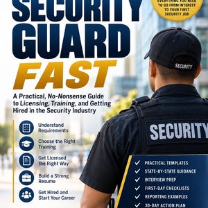 Pode incluir: Uma capa de livro intitulada How to Become a Security Guard Fast, mostrando uma pessoa com uniforme preto e boné com a palavra Security. A capa inclui texto sobre licenciamento, formação e passos de carreira, além de uma lista de ferramentas.