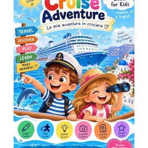 Può includere: Un libro di attività per bambini intitolato My Cruise Adventure, con un'illustrazione di due bambini su una barca, una grande nave da crociera, delfini e una città costiera. La copertina include icone colorate per colorare, giochi e puzzle.
