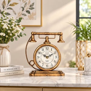 May include: A gold-toned table clock designed to resemble a vintage telephone. The round clock face features black Arabic numerals, ornate black hands, and the text "London" and "Family" printed in the center. It sits on a rectangular base.
