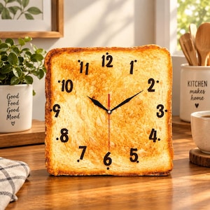Può includere: Un orologio da parete quadrato a forma di fetta di pane tostato con crosta dorata e centro testurizzato di colore chiaro. Il quadrante presenta numeri arabi neri da 1 a 12, due lancette nere e una sottile lancetta dei secondi rossa.