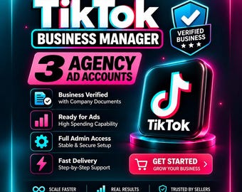 May include: A digital graphic for TikTok Business Manager featuring 3 agency ad accounts. The design includes a verified business shield, a TikTok logo on a pedestal, and text listing features like business verification, admin access, and support.