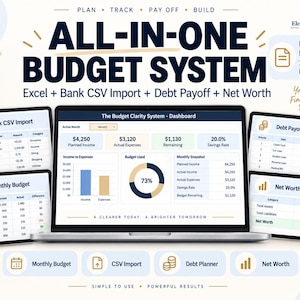 May include: A digital all-in-one budget system displayed on a laptop screen and multiple tablets, featuring a dashboard with income, expenses, savings rate, debt payoff planner, net worth tracker, and bank CSV import tools with clear financial data tables.