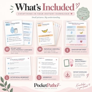 May include: A digital study resource set titled What's Included featuring 12 double-sided mnemonic flashcards, 24 individual PNG files, a one-page electrolyte quick review sheet, an active recall worksheet, and an answer key for nursing students.