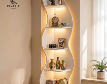 Estantería esquinera Wave de Elvaria Home, madera de nogal, con iluminación LED y 5 niveles de almacenamiento.