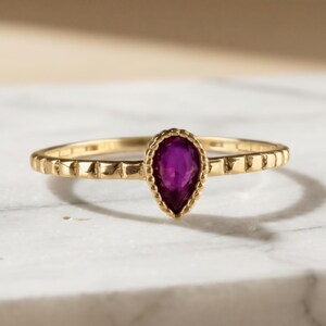Pear Cut Ruby Ring, 10K-14K-18K Solid Gold, Dainty Minimalist Gemstone Band
