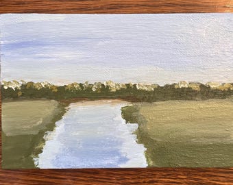Piccolo dipinto originale di paesaggio fluviale | Arte astratta blu e verde | 4x6