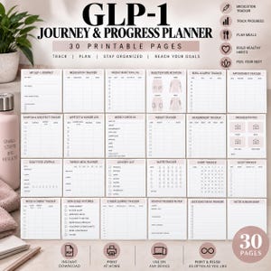 Könnte beinhalten: Ein GLP-1 Reise- und Fortschrittsplaner mit 30 druckbaren Seiten. Das Layout enthält Tracker für Medikamente, Injektionen, Symptome, Appetit, Gewicht, Maße, Ernährung, Wasser, Gewohnheiten, Schlaf, Stimmung und Energie sowie Bereiche für Fortschrittsfotos.