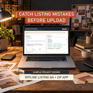 May include: A silver laptop displaying the Listing Launch Packager software interface on a wooden desk. The screen shows listing details, tags, and a sample project. Text overlays read CATCH LISTING MISTAKES BEFORE UPLOAD and OFFLINE LISTING QA + ZIP APP.