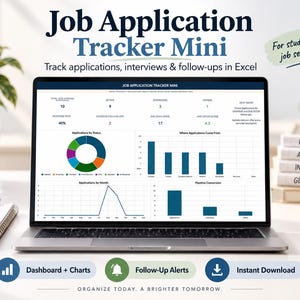 Puede incluir: Una hoja de cálculo digital Job Application Tracker Mini en la pantalla de un portátil, con gráficos de visualización de datos, métricas de estado y gráficos de conversión para realizar el seguimiento de solicitudes, entrevistas y seguimientos en Excel.