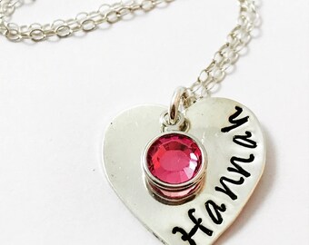 Sterling silver hand stamped heart with Swarovski birthstone