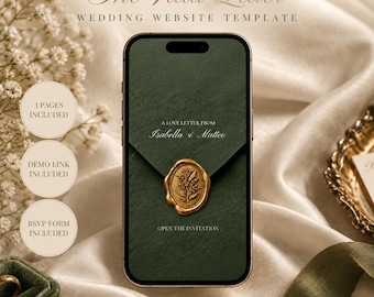 The Villa Letter Wedding Website Template, Olive Envelope, Gold Wax Seal (Digital Download)