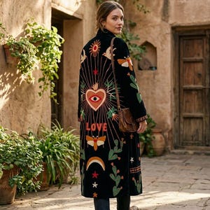 Long Boho Duster Coat Colorful Suzani Style Jacket Folk Art Statement Coat Artisan Velvet Jacket Handmade Black Velvet Embroidered Jacket