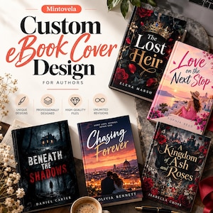 Puede incluir: Cinco libros de tapa dura con diseños de portada personalizados que incluyen los títulos The Lost Heir, Love on the Next Stop, Beneath the Shadows, Chasing Forever y A Kingdom of Ash and Roses, junto al texto Mintovela Custom eBook Cover Design.