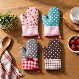 May include: Four oven mitts featuring distinct patterns: one pink with small red flowers, one teal with white polka dots, one gray with white polka dots and a red bow, and one brown with white polka dots. Each mitt has a striped or checkered cuff.