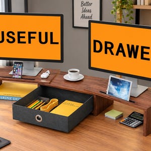 Dual Monitor Stand, Adjustable Monitor Riser, Desk Organizer with Drawer, Rustic Brown Computer Stand, Laptop & PC Stand, 2-3 Monitor Riser