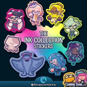 Könnte beinhalten: Eine Sammlung bunter Cartoon-Aufkleber mit verschiedenen Charakteren und Kreaturen, darunter ein Mantarochen, angeordnet um den Text THE INK COLLECTION STICKERS vor einem regenbogenfarbenen Tintenklecks-Hintergrund.
