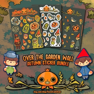 Puede incluir: Un paquete de pegatinas con personajes de Over the Garden Wall y motivos otoñales. El conjunto incluye ilustraciones de Wirt, Greg, una criatura calabaza, linternas, pájaros y hojas. El texto dice Over the Garden Wall Autumn Sticker Bundle.