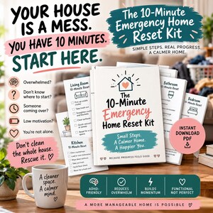 Könnte beinhalten: Ein digitaler Haushaltsorganisationsleitfaden mit dem Titel The 10-Minute Emergency Home Reset Kit, inklusive Checklisten für Wohnzimmer, Küche, Bad und Schlafzimmer. Eine weiße Keramiktasse mit dem Text A cleaner space. A calmer mind. steht daneben.