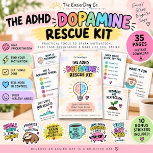 May include: The ADHD Dopamine Rescue Kit digital tool set includes a 35-page guide with colorful illustrations, motivational text, and 10 bonus stickers. The cover features a lightbulb with a split pink and blue brain graphic and the title text.