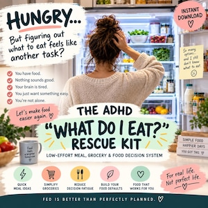 May include: A digital informational graphic titled The ADHD What Do I Eat? Rescue Kit. It features text about meal decision fatigue, a list of relatable struggles, and five icons representing quick meal ideas, grocery simplification, and food decision systems.