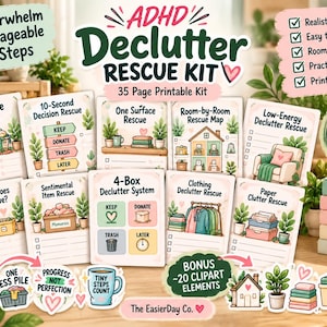 May include: A 35-page printable ADHD Declutter Rescue Kit featuring various organisational checklists and guides. The kit includes titles like Doom Pile Rescue, 10-Second Decision Rescue, and 4-Box Declutter System, accompanied by bonus stickers and clipart elements.
