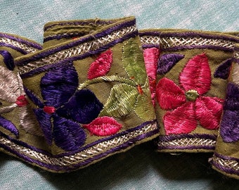 BANDA BORDADA DE SEDA, hecha a mano, para cinturón, tirador de campana, para colgar en la pared, borde de tapiz, cinta con ribete floral, ribete de seda, tapiz textil antiguo vintage