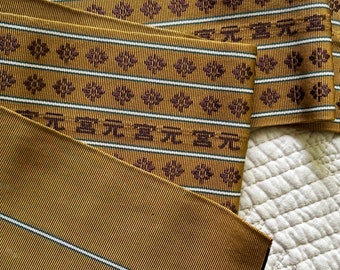 Asian OBI SASH BELT gold burgundy ribbon band border edging trim fragment remnant Asian printing woven braid vintage textile