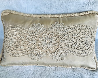 Vintage Romanian Point Lace ECRU CUSHION silk PILLOW handmade crochet applique bolster sham