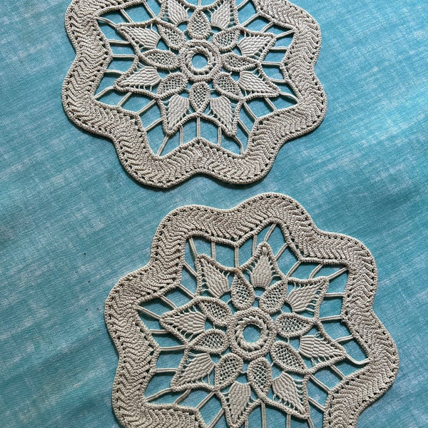 TWO matching Romanian POINT LACE doilies ecru linen placemats