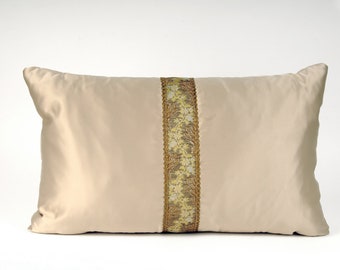 LUMBAR PILLOW COVER beige ecru throw cushion antique metallic embroidered band ribbon bolster sham lumbar cushion ecru cream satin pillow