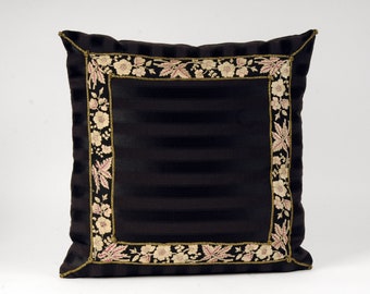 SARI BORDER PILLOW cover square throw cushion antique sari border trim black pillow metallic trim bolster designer sham Asian embroidery