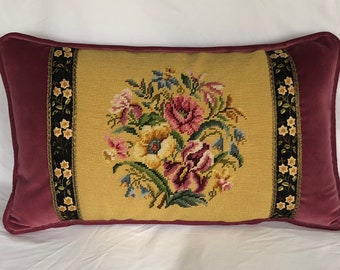 NEEDLEPOINT PILLOW COVER hand embroidered canvaswork vintage pillow rectangle sham floral petitpoint cushion bolster pillowcase