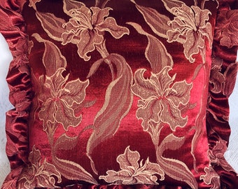 VINTAGE RUFFLED PILLOW antique burgundy wine fabric pre-war floral brocatelle 1940s textile